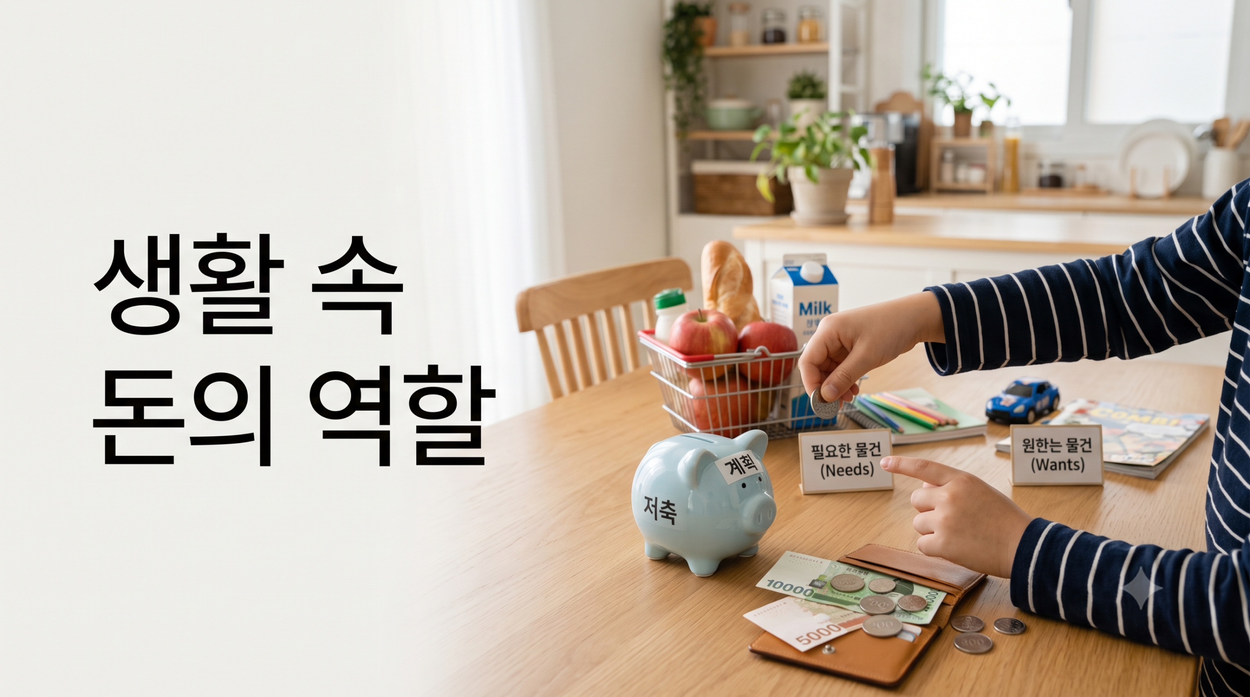 장보기 물품과 저금통, 돈을 정리하는 손을 통해 아이가 생활 속에서 돈의 역할을 이해하는 가정 경제 교육 이미지
