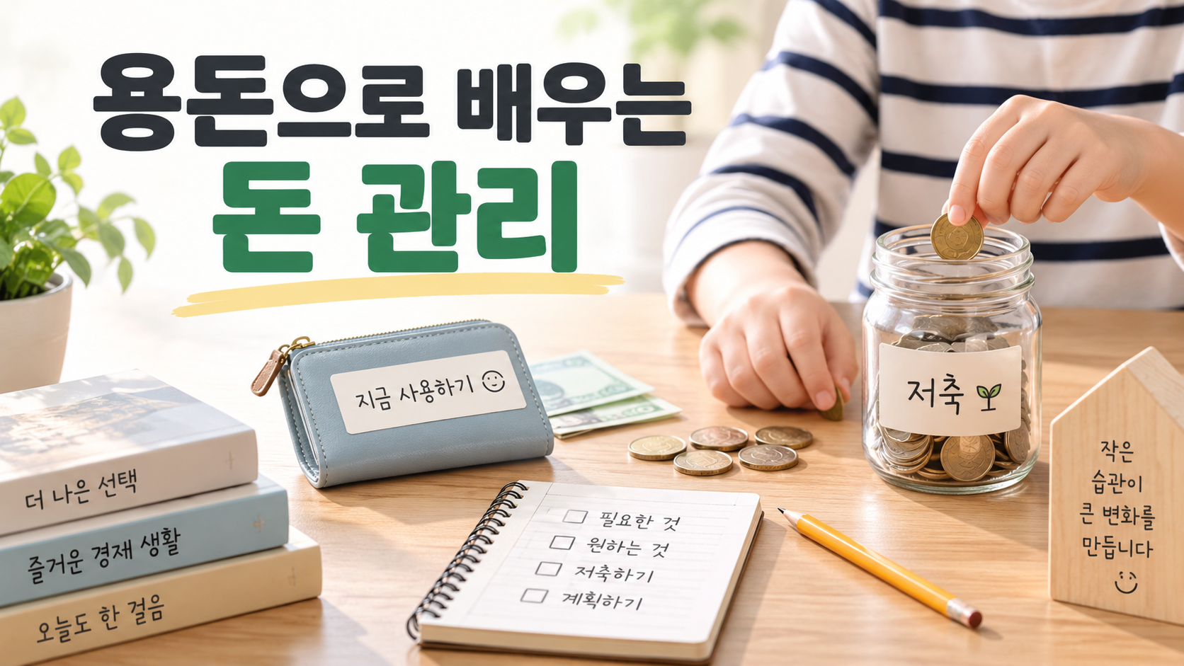 아이의 용돈을 지갑과 저축 상자에 나누어 관리하며 생활 속 돈 관리 개념을 배우는 장면