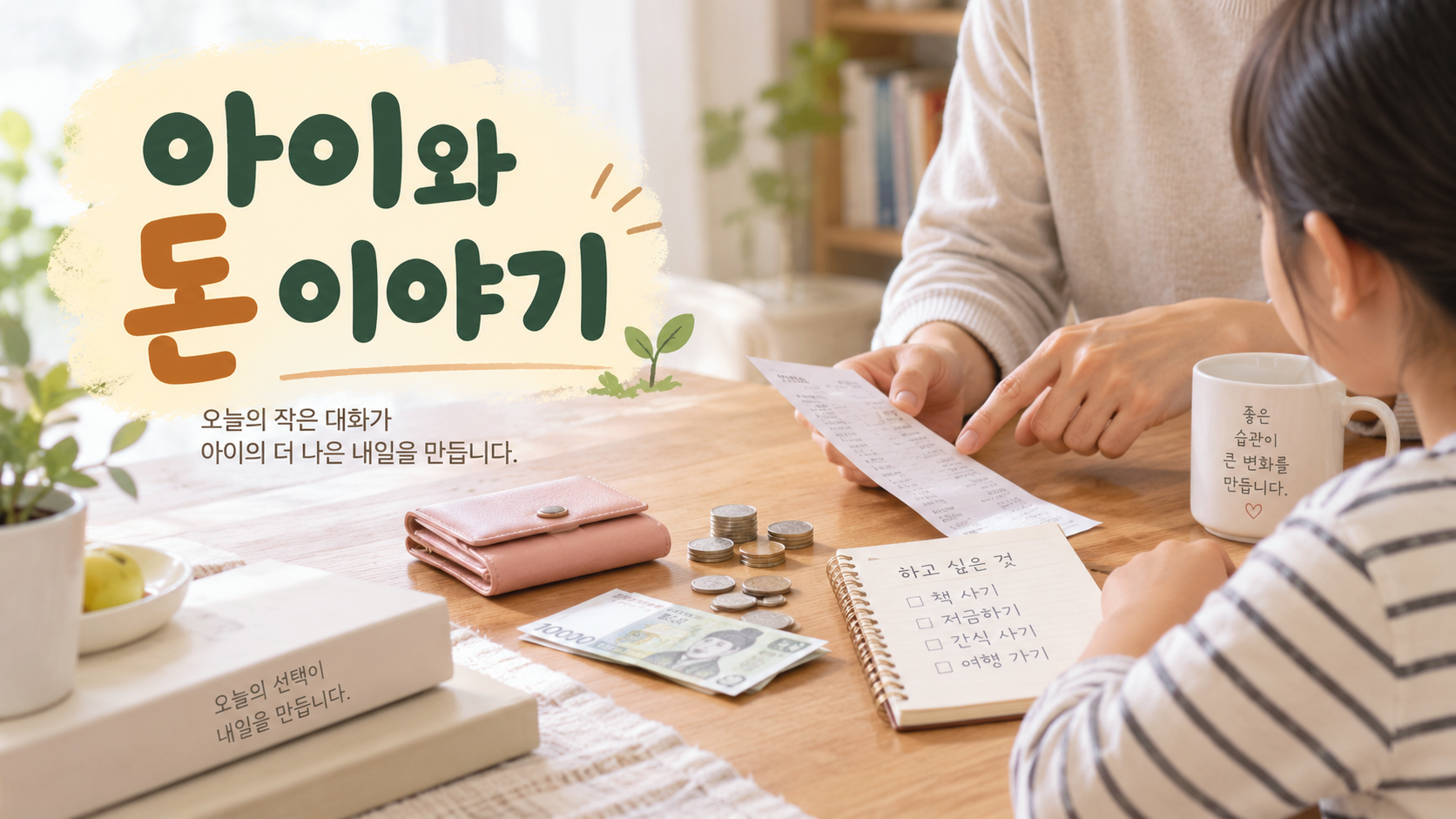 식탁에서 부모와 아이가 지갑과 영수증을 살펴보며 돈에 대해 이야기하는 가정 경제 교육 장면