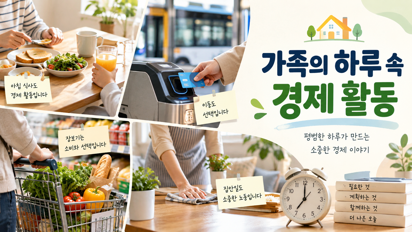 아침 식사와 장보기, 이동, 집안일 등 가족의 일상에서 나타나는 다양한 경제 활동을 상징하는 생활 장면을 표현한 이미지