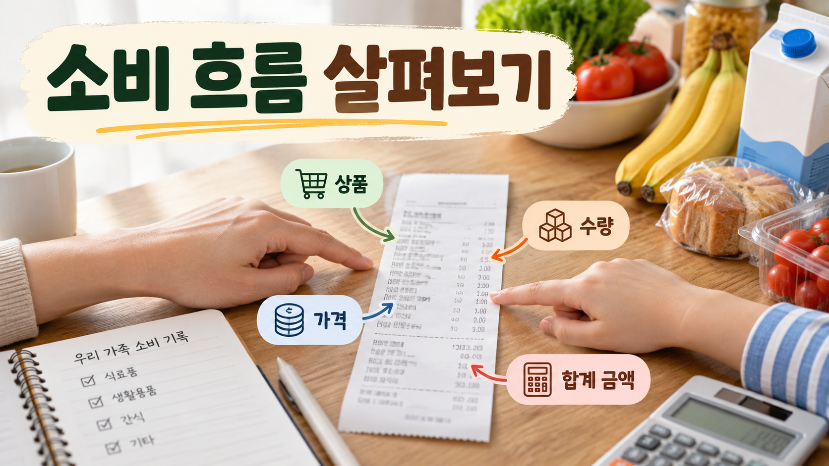 식탁 위 영수증과 생활용품을 통해 가족의 소비 흐름을 살펴보는 모습