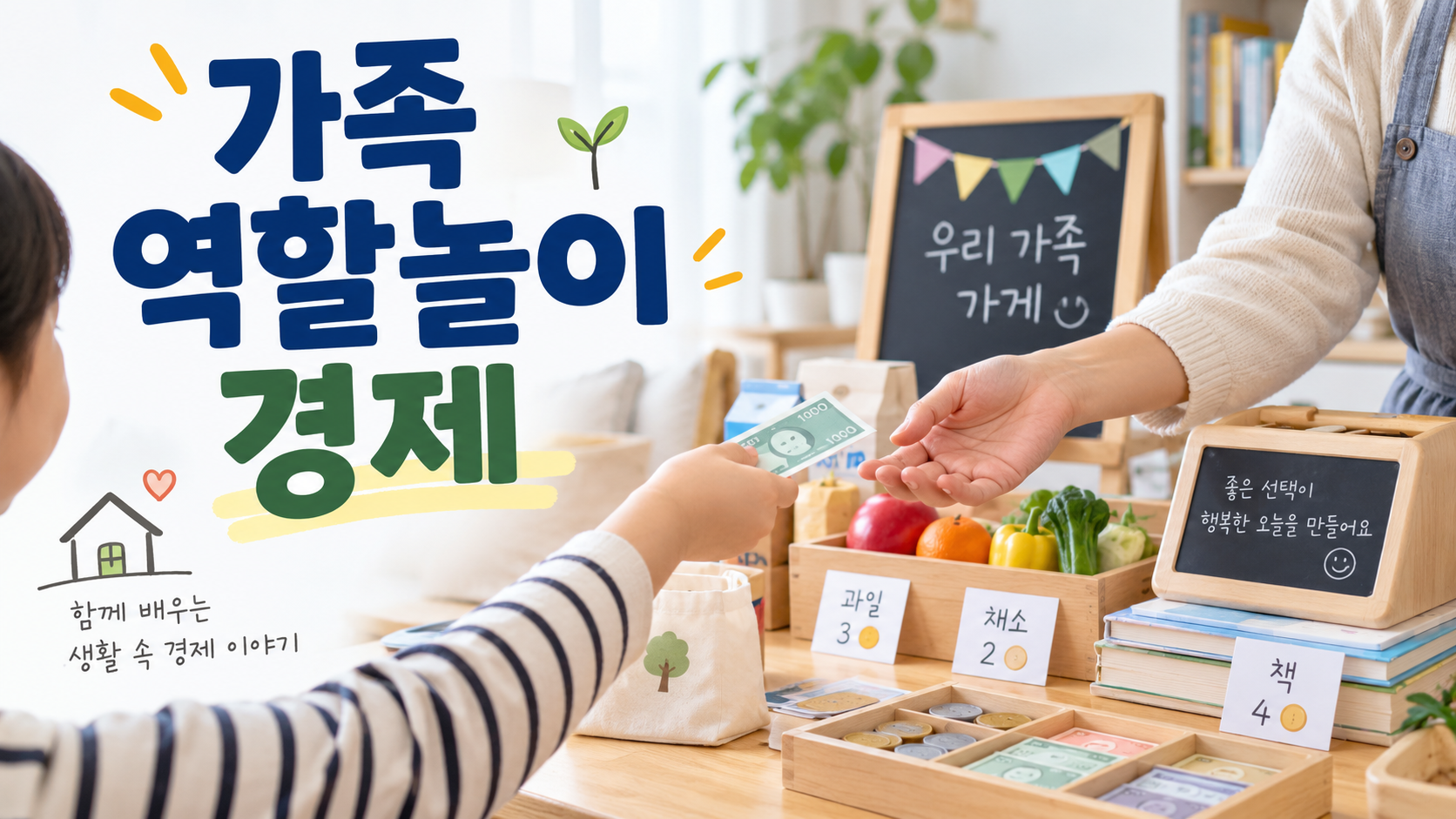 가족이 가상의 상점에서 판매자와 소비자 역할을 나누어 생활 속 경제 활동을 배우는 모습