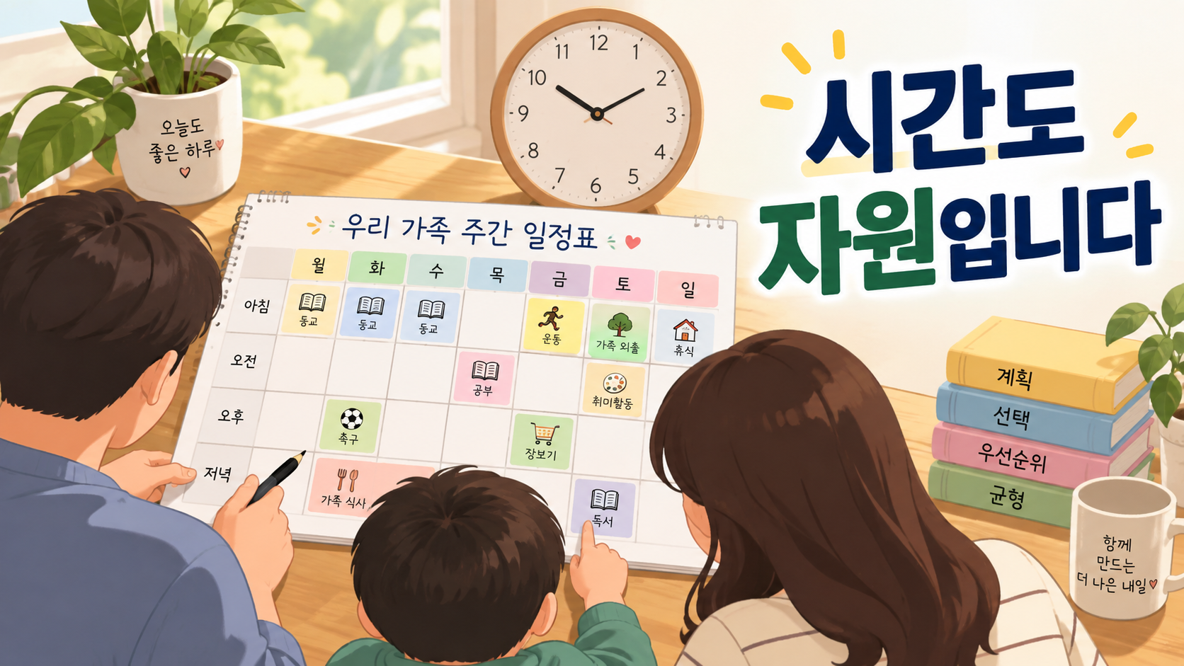 가족 일정표와 시계를 통해 제한된 시간 안에서 활동을 배분하는 모습을 표현한 가정 경제 교육 이미지