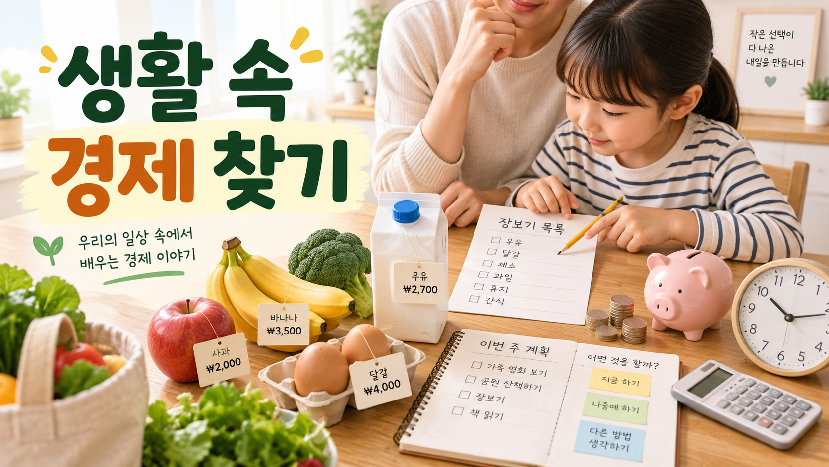 아이와 부모가 장보기 목록과 생활용품을 살펴보며 일상에서 경제 문제와 선택을 생각하는 모습을 표현한 가정 경제 교육 이미지