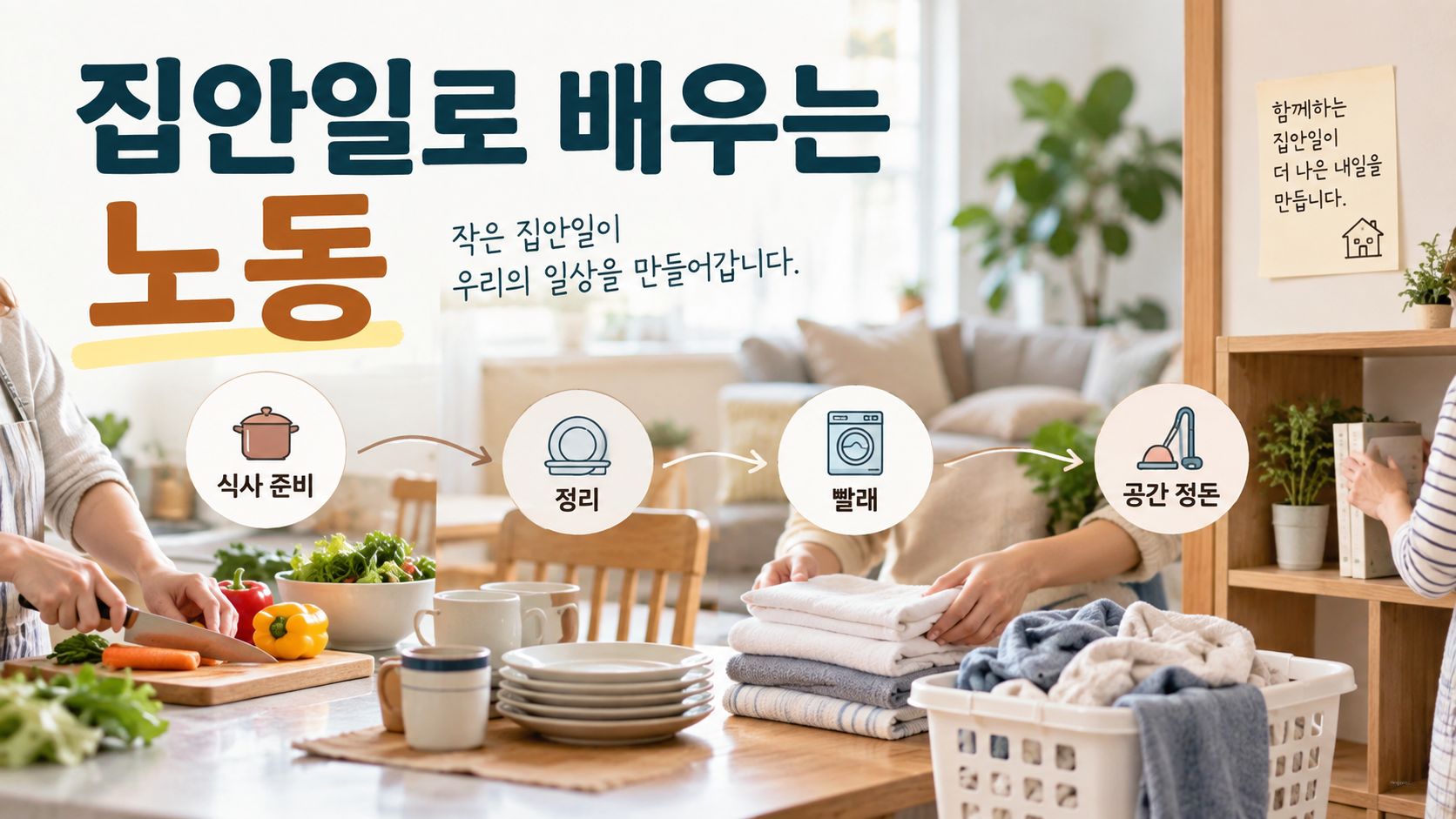 식사 준비와 빨래, 정리 등 집안일을 통해 시간과 노력으로 이루어지는 노동의 의미를 보여주는 가정 경제 교육 이미지