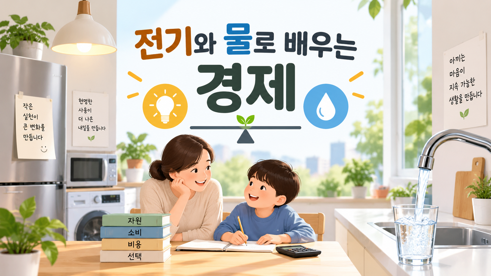 가정의 전등과 생활 가전, 수도꼭지와 물을 통해 전기와 물이라는 자원과 경제적 선택을 표현한 일러스트