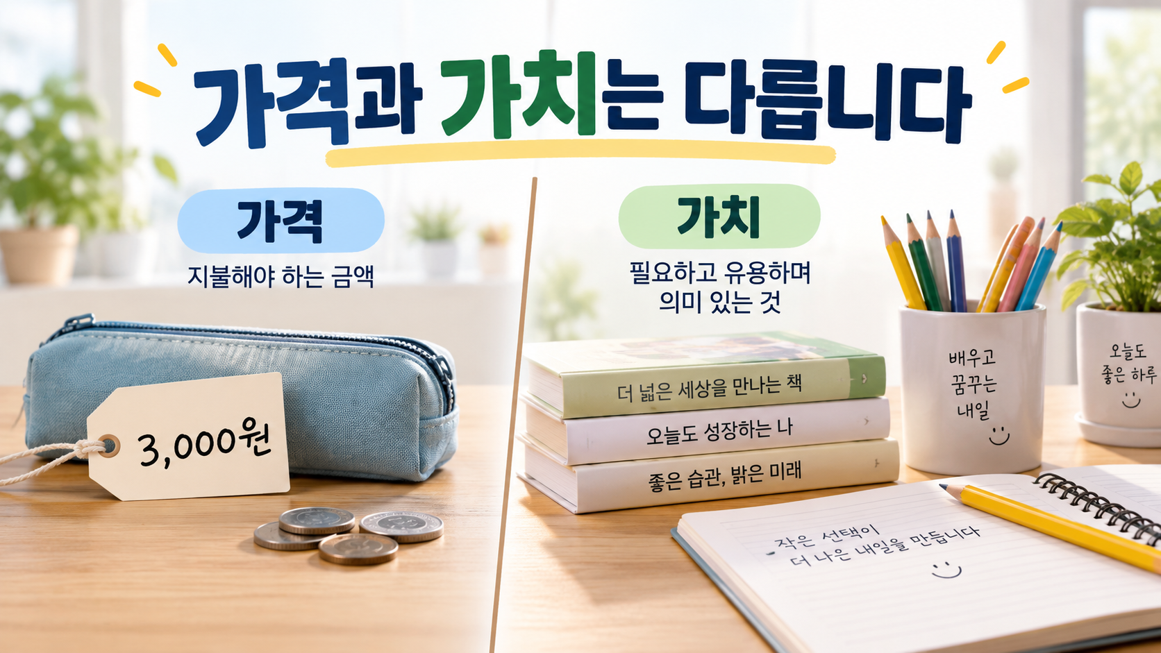가격표가 붙은 학용품과 생활용품을 비교하며 가격과 가치의 차이를 표현한 가정 경제 교육 이미지