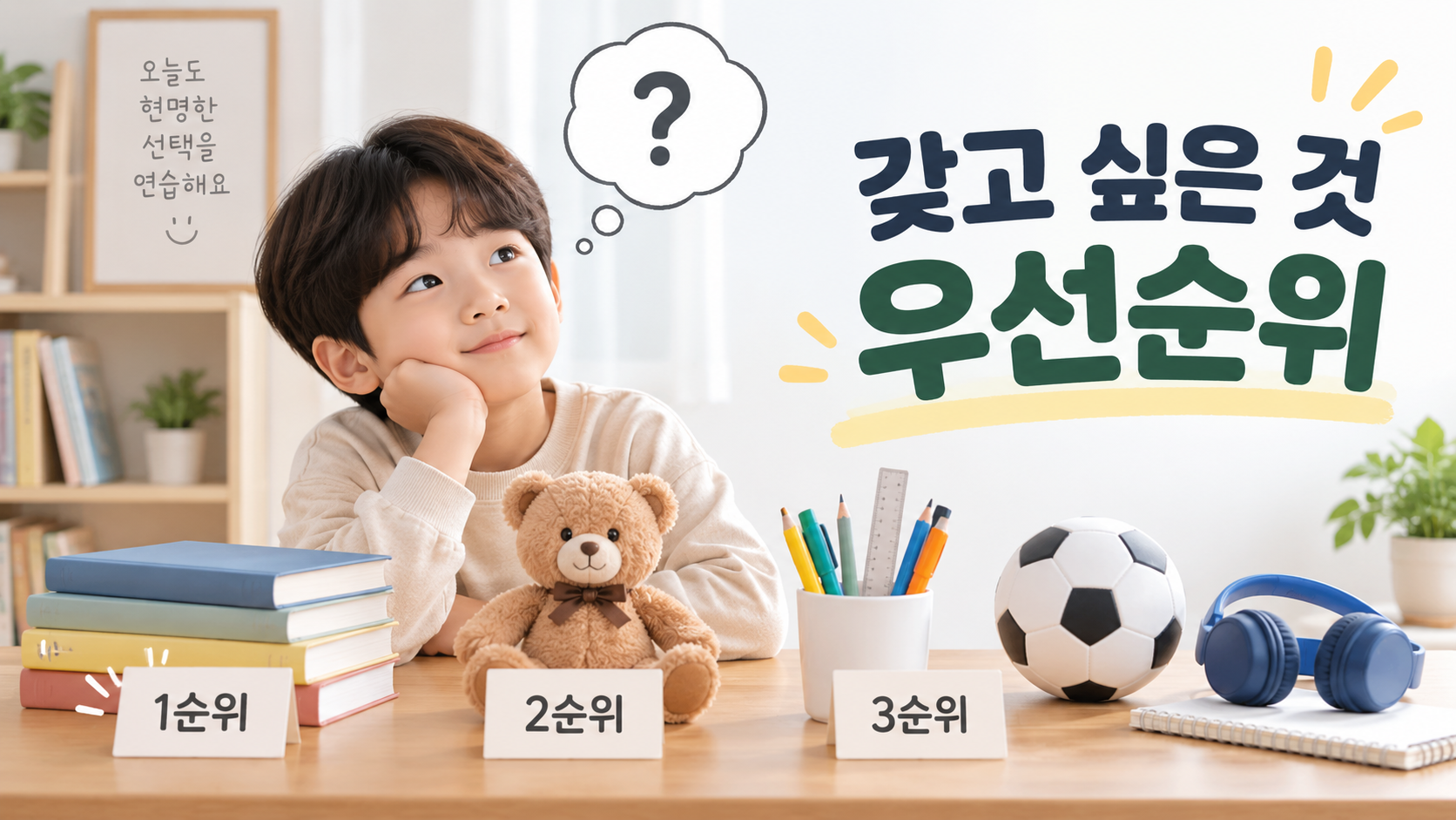 여러 가지 갖고 싶은 물건을 필요성과 사용 계획에 따라 비교하며 우선순위를 정하는 가정 경제 교육 이미지