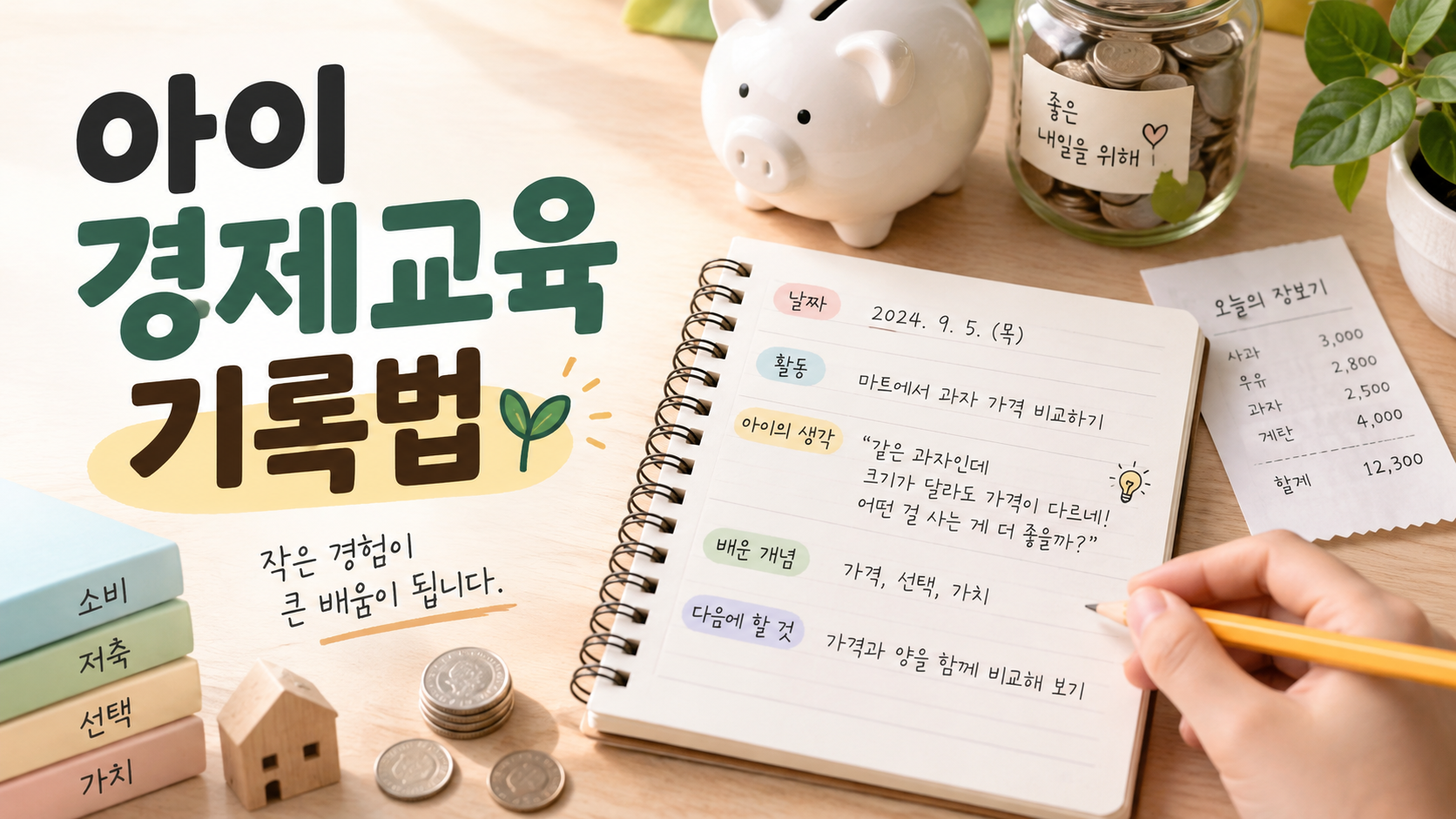 아이의 경제 교육 활동을 날짜와 내용으로 기록하는 메모 카드와 생활 속 경제 물건을 함께 보여주는 이미지