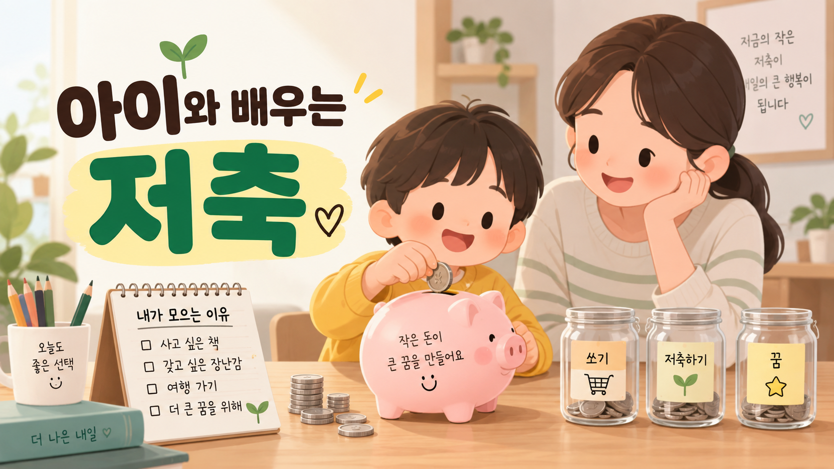 어린이가 저축 상자에 동전을 넣으며 저축의 개념을 배우는 가정 경제 교육 장면