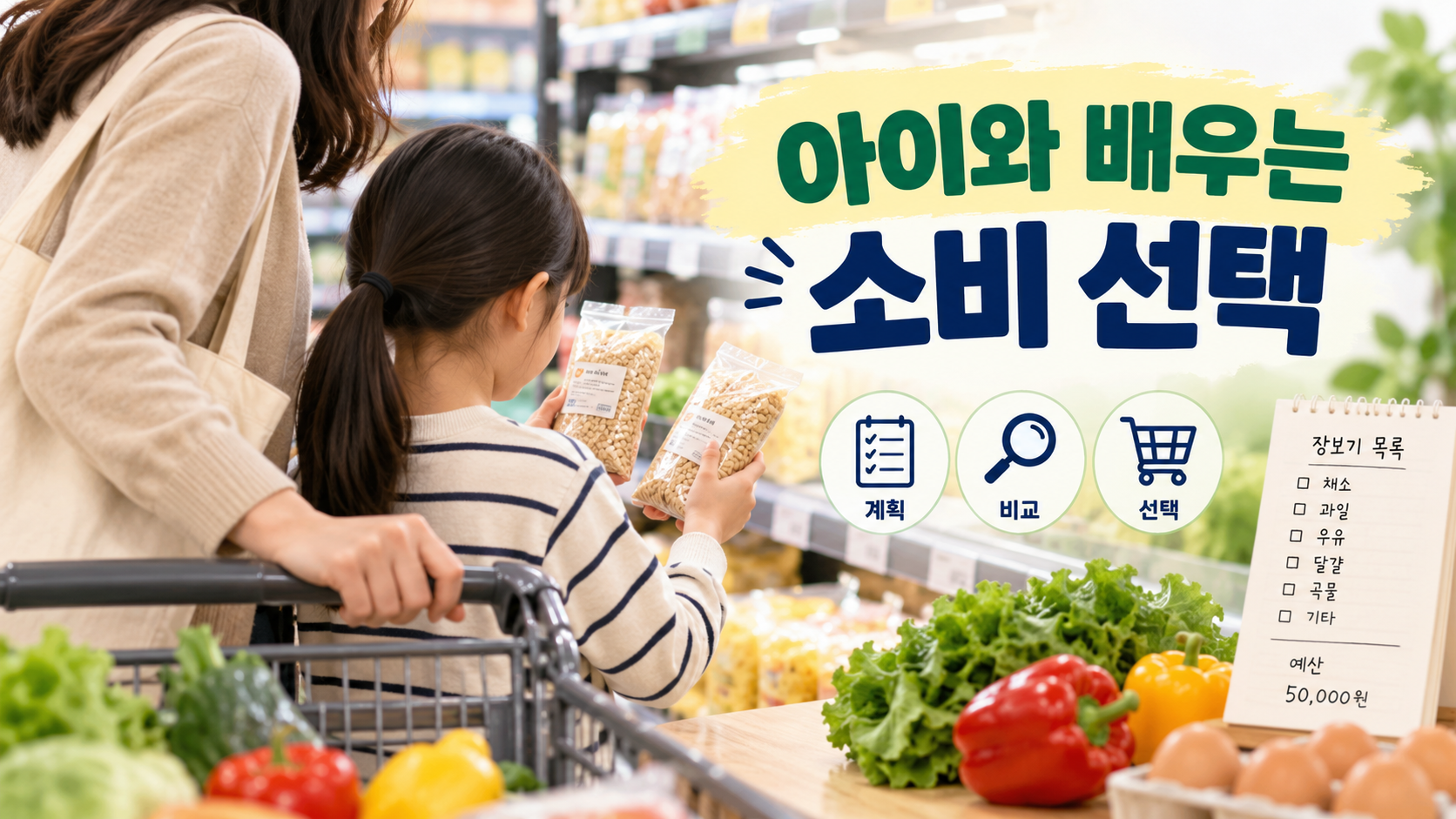 아이와 보호자가 장보기 과정에서 상품의 가격과 조건을 비교하며 소비와 선택의 원리를 배우는 모습