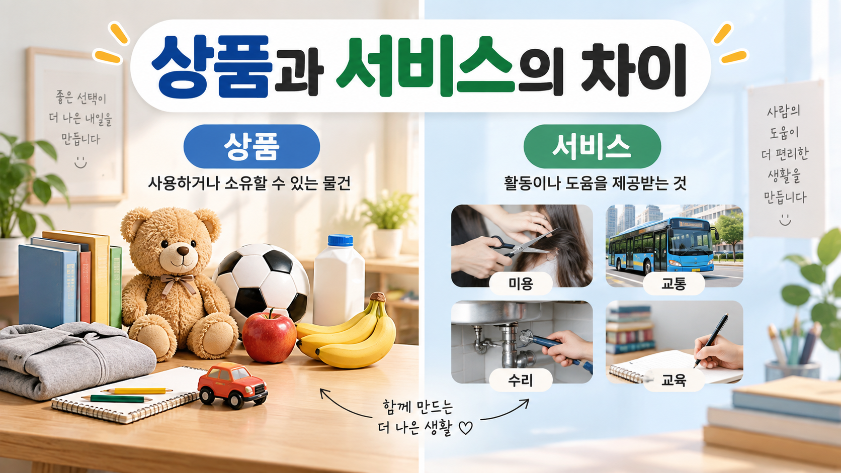 상품과 서비스의 차이를 보여주기 위해 물건과 생활 속 서비스를 좌우로 구분한 가정 경제 교육 이미지